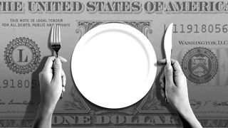 Illustration of a Hand Holding a Fork and Knife Beside an Empty Plate Sitting on American Dollars